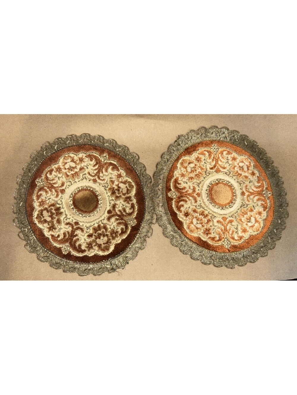Vintage Wedgewood Floral Round Placemat Belgium Doiley Set of 2 -9' brown gold